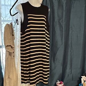 24/7 Comfort Apparel Black and Tan Striped Midi Dress